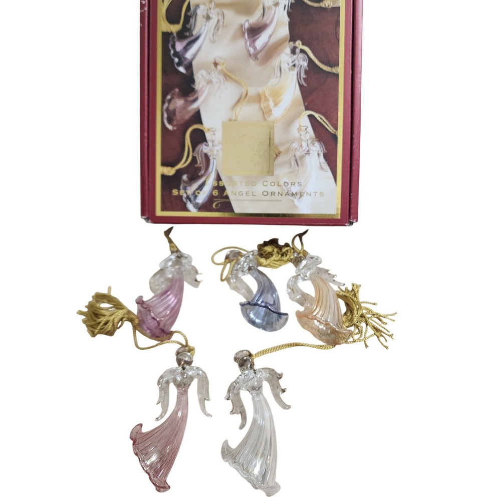 Lenox Crystal Angel Ornaments Set of 5 Assorted Colors Spun Glass Gold Tassels